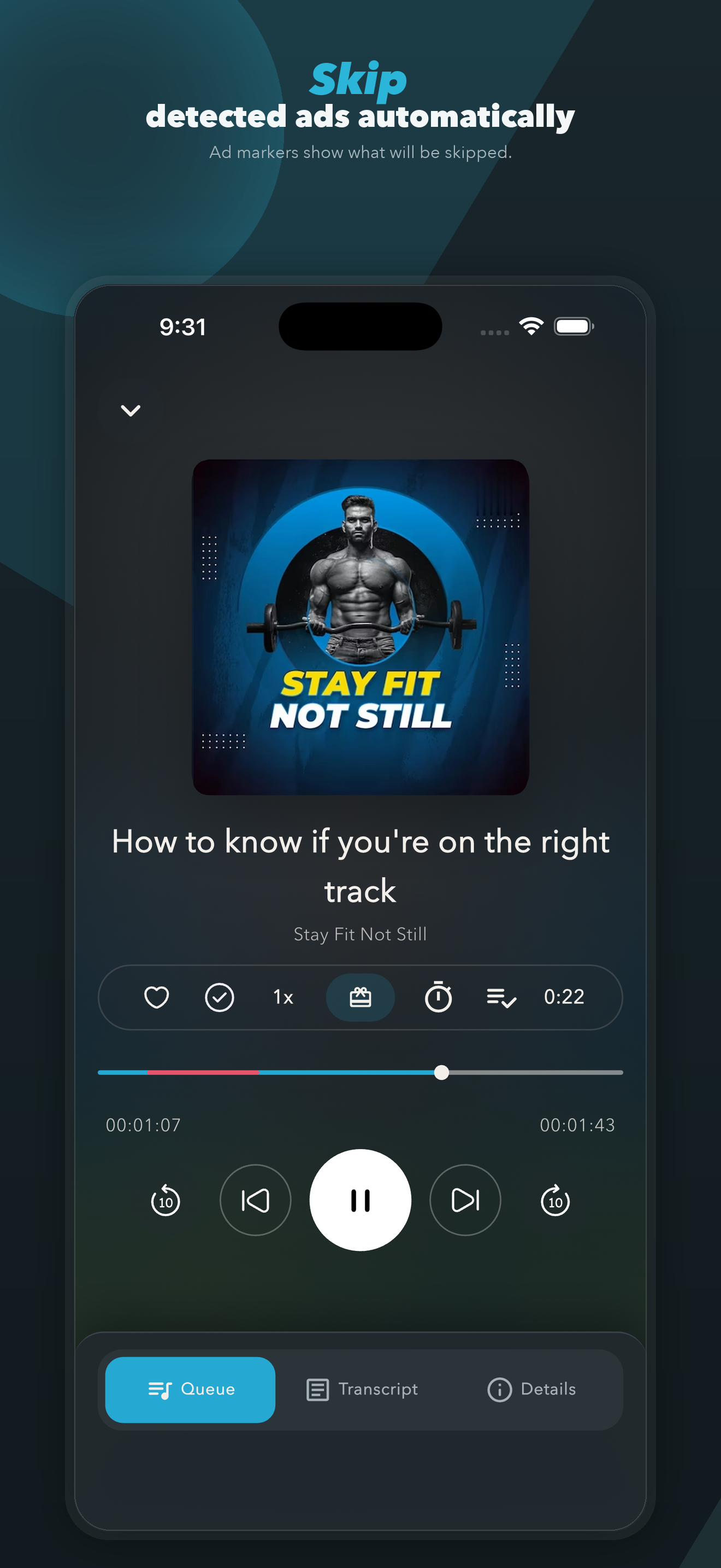 PurerPodcasts player showing an automatically detected advertisement