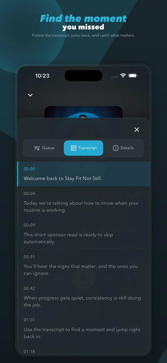 PurerPodcasts transcript with timestamped passages for jumping back into an episode