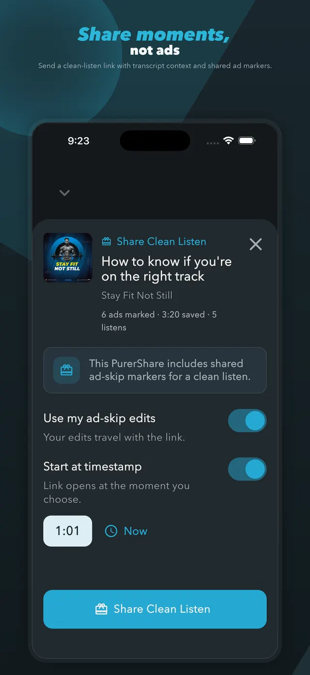PurerShare controls for including ad-skip edits and choosing a starting timestamp