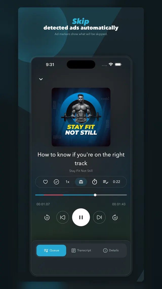 PurerPodcasts Android player showing detected ad markers