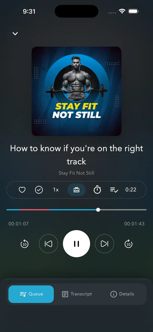 PurerPodcasts phone player showing the same demo episode
