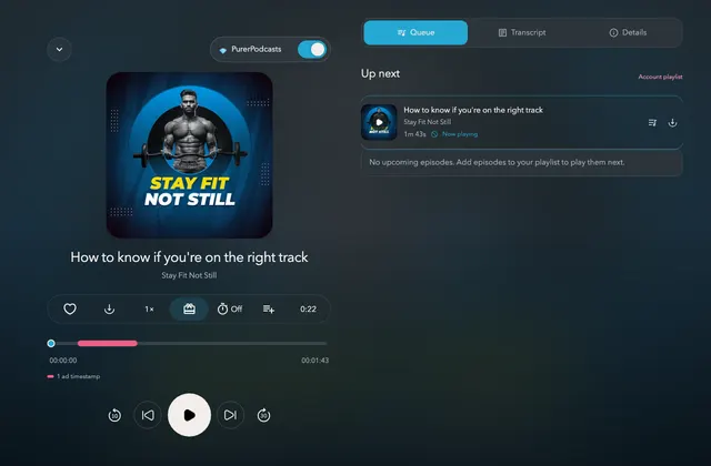 PurerPodcasts web player showing an episode and its marked ad break